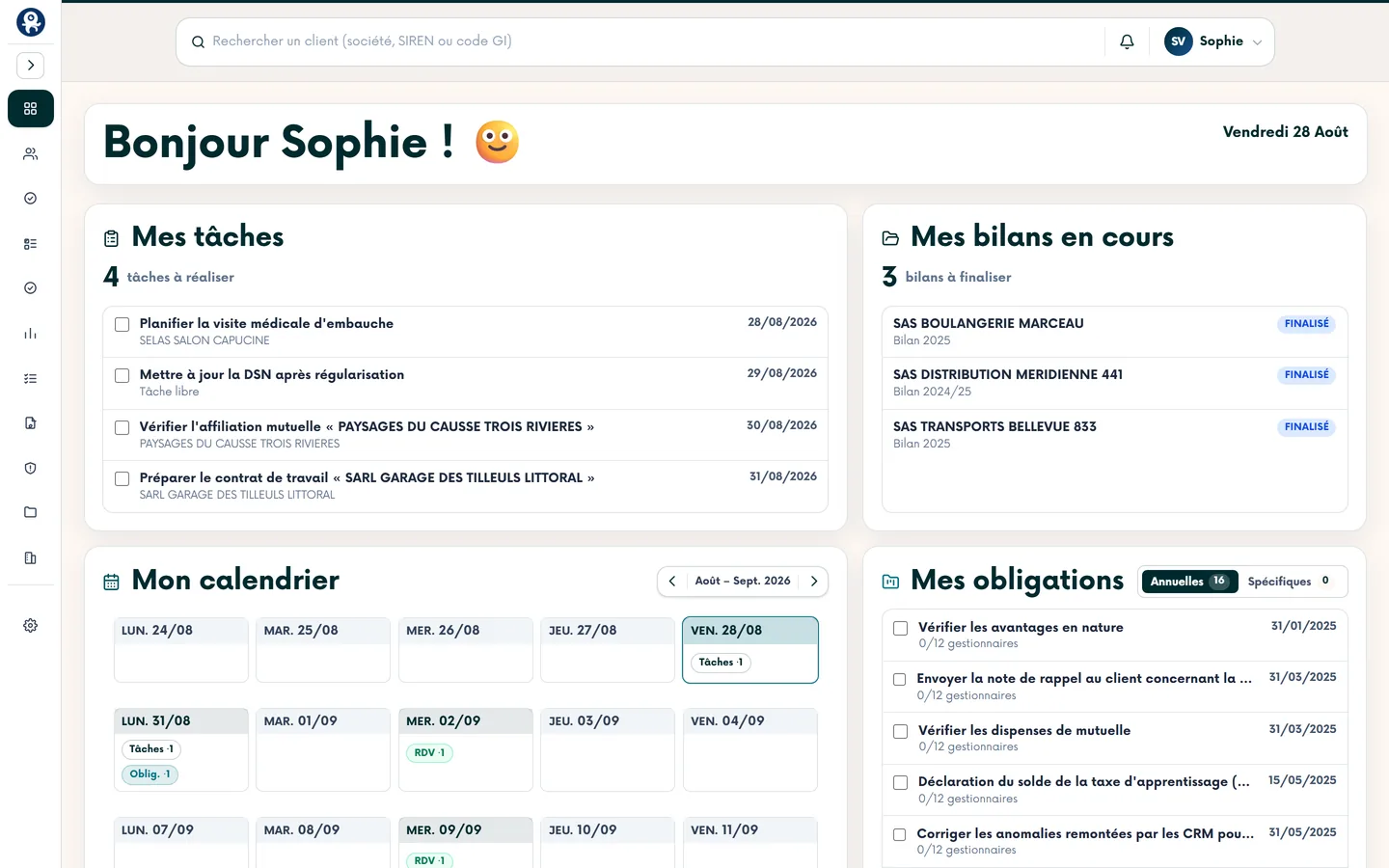 Tableau de bord SocialVision : tâches du jour, bilans en cours, calendrier et obligations du portefeuille.