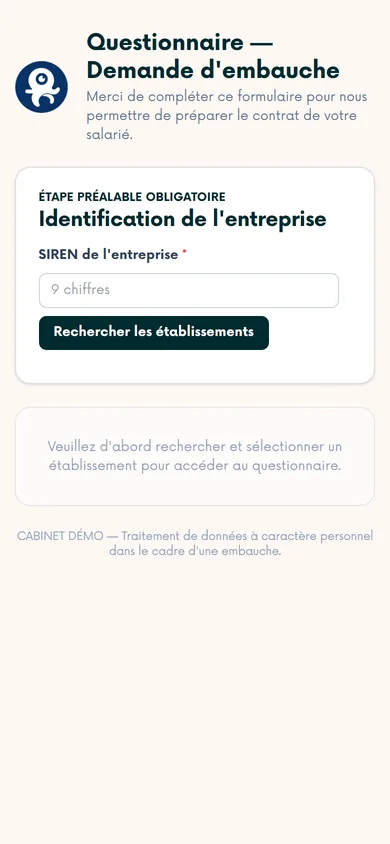 Formulaire de demande d’embauche tel que le client le remplit sur son téléphone.