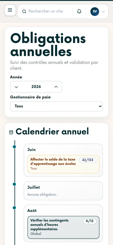 Suivi des obligations annuelles sur téléphone, avec le calendrier mois par mois.